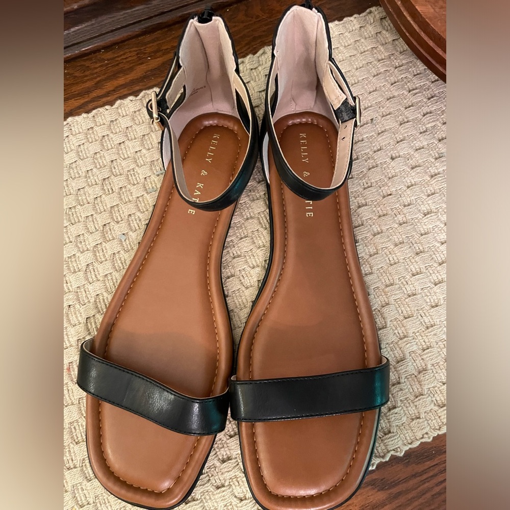Black flat sandals with zip closure